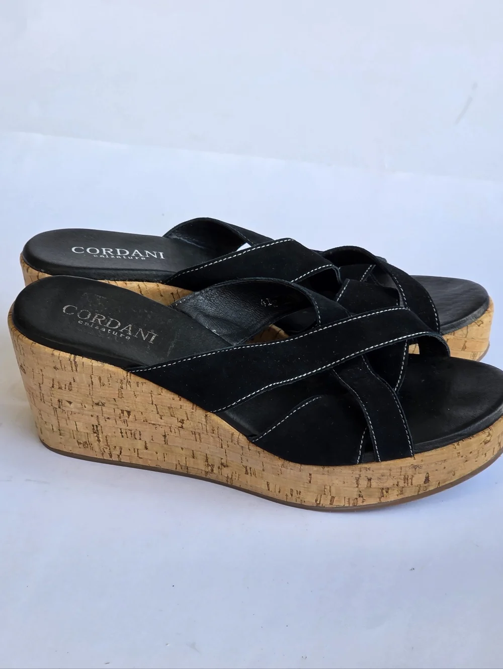 NEW Cordani Devon Black Suede Cork Platform Wedge Sandals - Size 9.5 /10